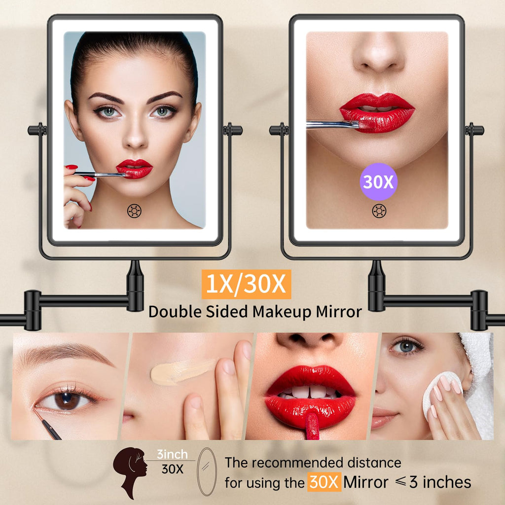 FUNTOUCH 5000mAh Rechargeable Wall-Mounted Makeup Mirror – 8.7-inch Dual-Sided 1X/30X Magnification, Dimmable 3-Color Lighting, 360° Swing Arm