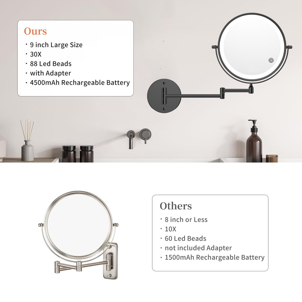 FUNTOUCH 9-Inch 30X/1X Wall Mounted Lighted Makeup Mirror – 5000mAh, 3-Color Lights, Dimmable