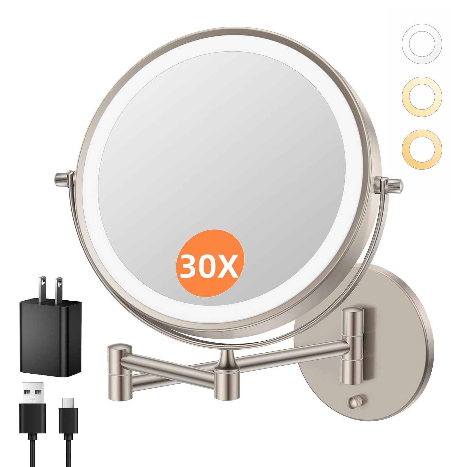 FUNTOUCH 9-Inch LED Wall Mount Makeup Mirror – 30X/1X, 5000mAh, 3-Color Dimmable Lights, Brush Nickel