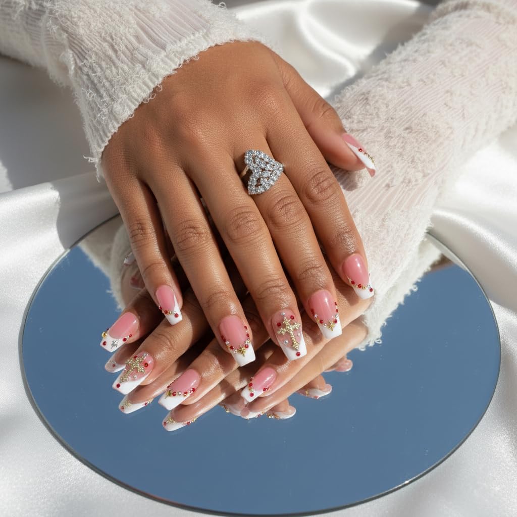 FURNUNUBI Handmade Square Press-On Nails Pink – 3D Nails for Women, White French Tip with Gold Cross, Size M