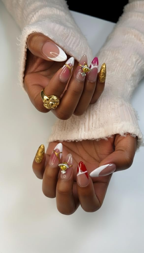 FURNUNUBI Handmade Almond Press-On Nails – 3D Saturn Jewel, Ombre White French Tip (XS)
