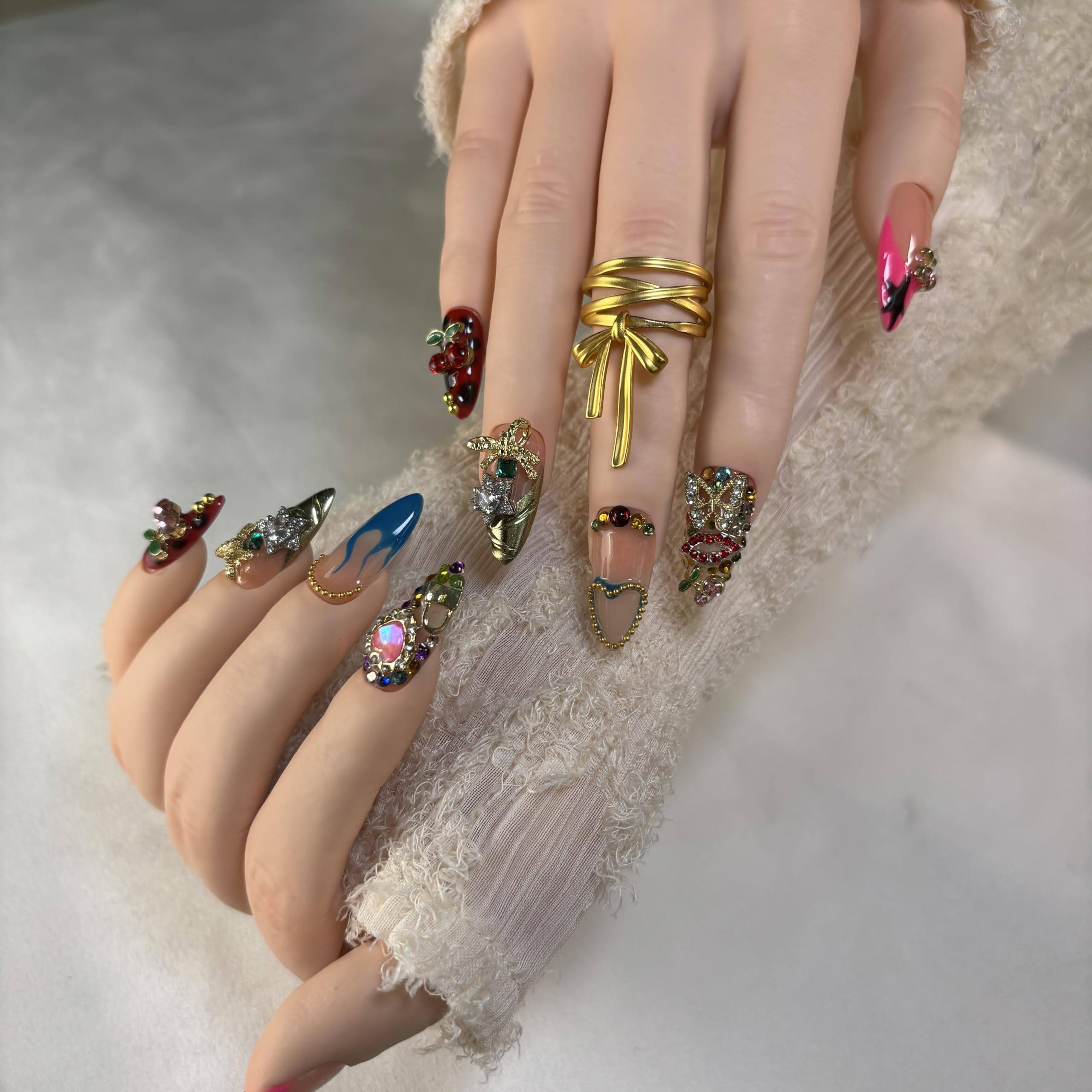 FURNUNUBI Handmade Almond Press-On Nails – 3D Hearts, Stars, Flames & Cherry Motifs
