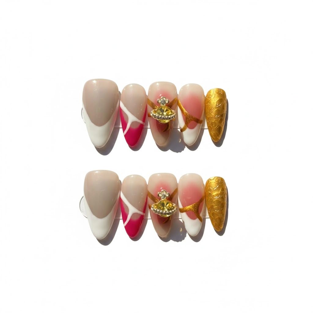 FURNUNUBI Handmade Almond Press-On Nails – 3D Saturn Jewel, Ombre White French Tip (XS)