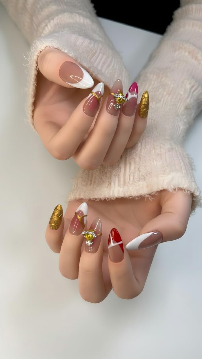 FURNUNUBI Handmade Almond Press-On Nails – 3D Saturn Jewel, Ombre White French Tip (XS)