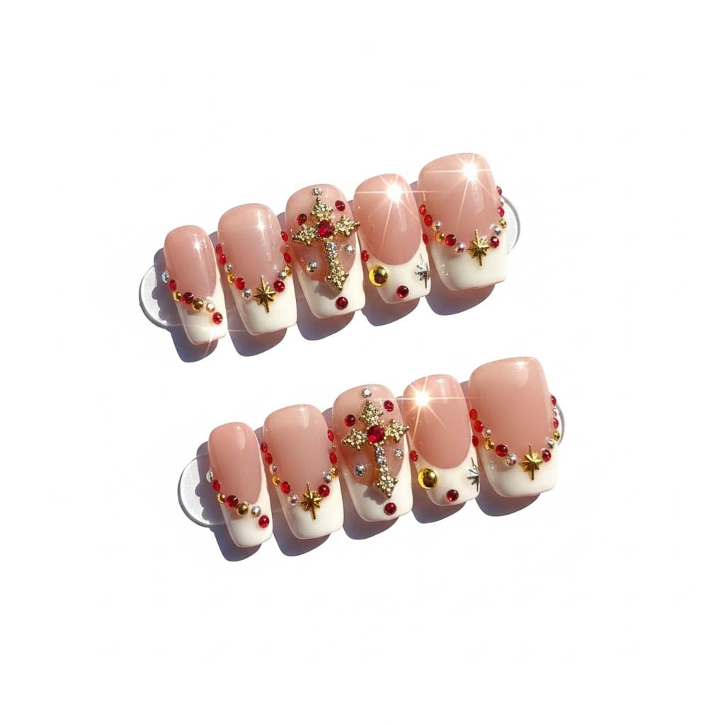 FURNUNUBI Handmade Square Press-On Nails Pink – 3D Nails for Women, White French Tip with Gold Cross, Size M