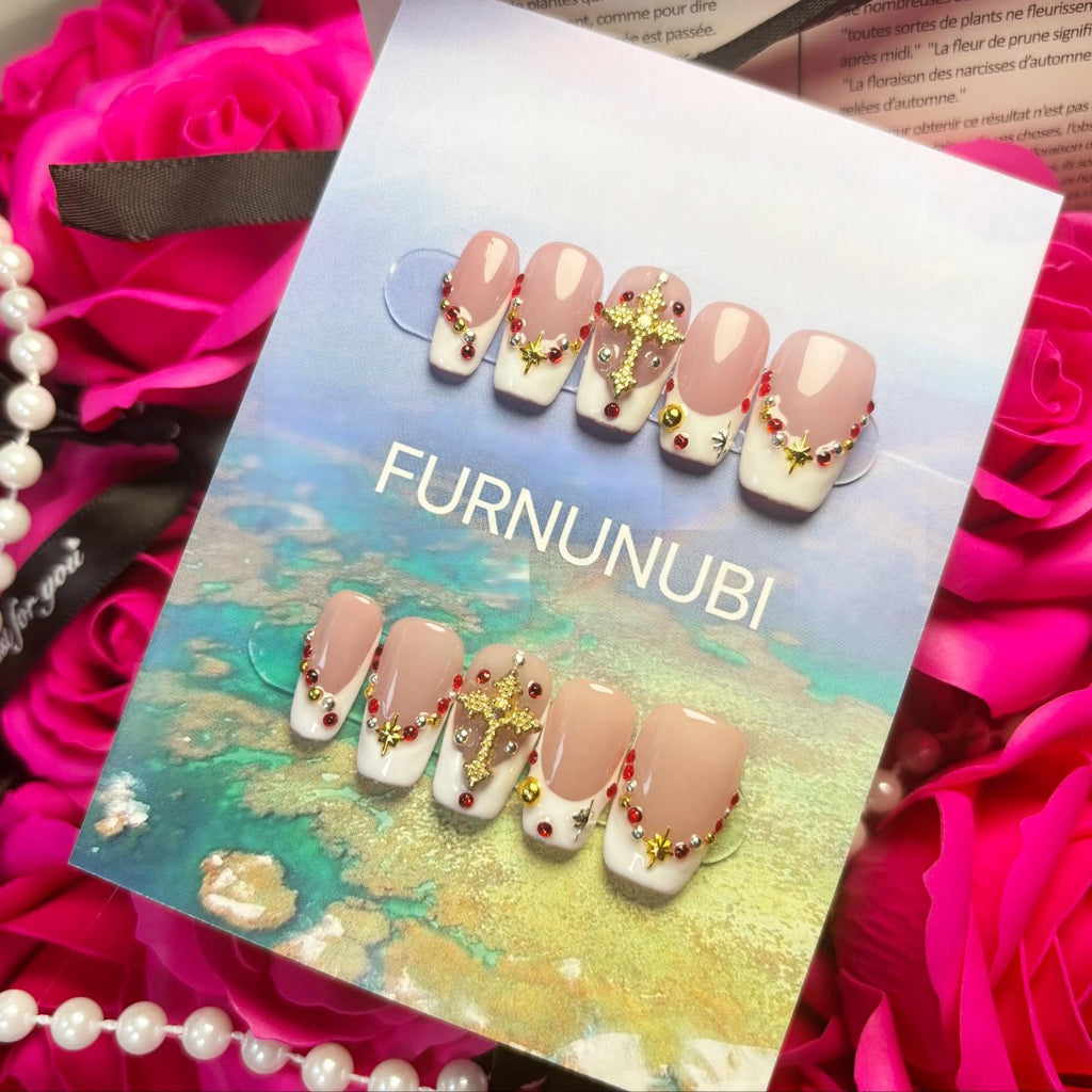 FURNUNUBI Handmade Square Press-On Nails Pink – 3D Nails for Women, White French Tip with Gold Cross, Size M