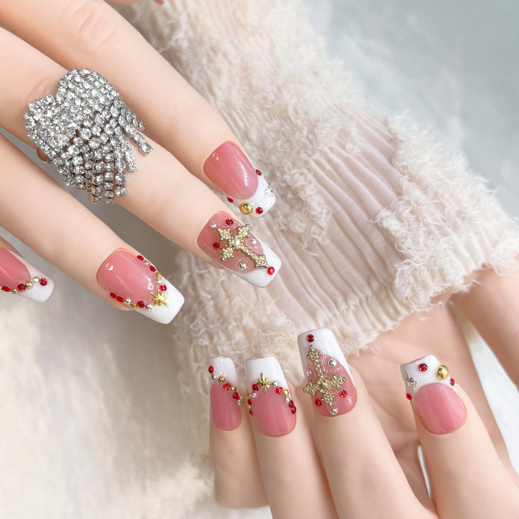 FURNUNUBI Handmade Square Press-On Nails Pink – 3D Nails for Women, White French Tip with Gold Cross, Size M