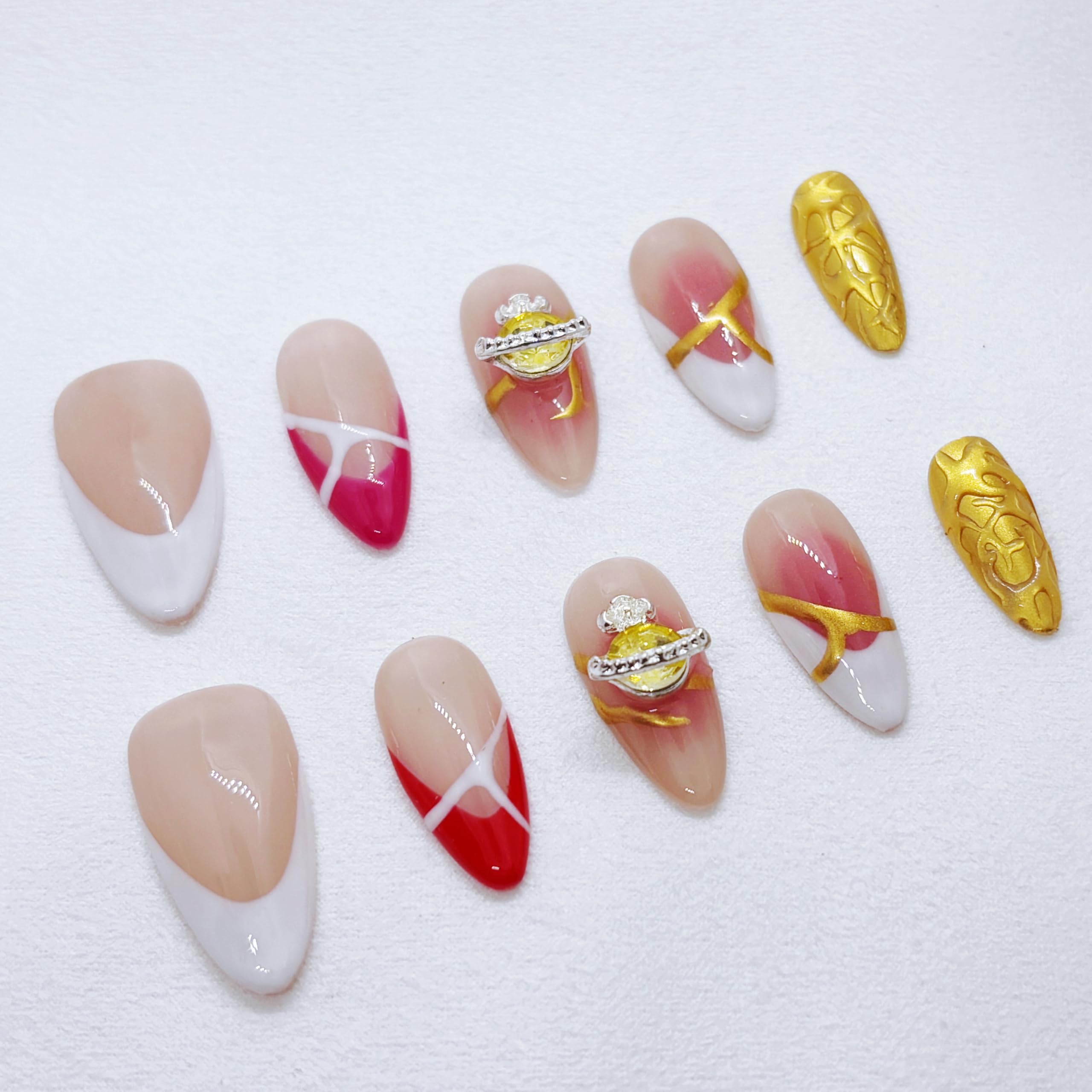FURNUNUBI Handmade Almond Press-On Nails – 3D Saturn Jewel, Ombre White French Tip (XS)