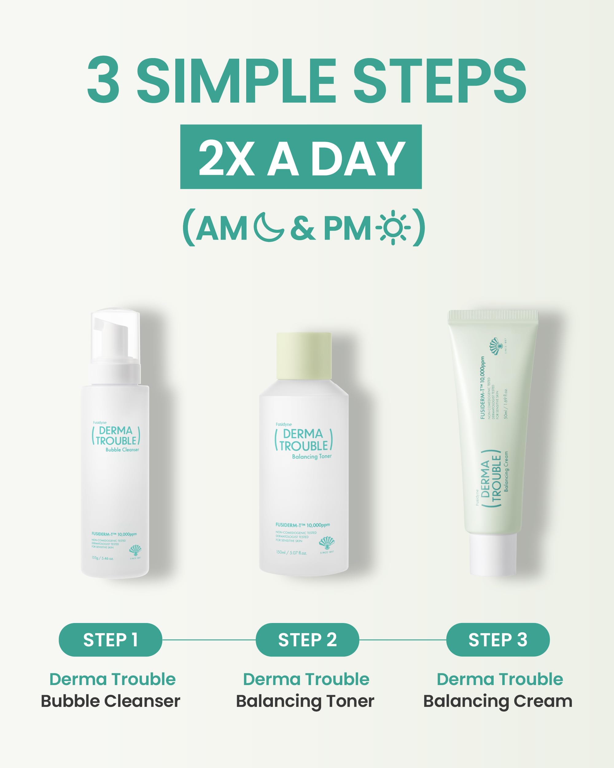 FUSIDYNE Derma Trouble Balancing AC 3 Step Kit – Soothing, Sebum-Control for Blemish-Prone Skin