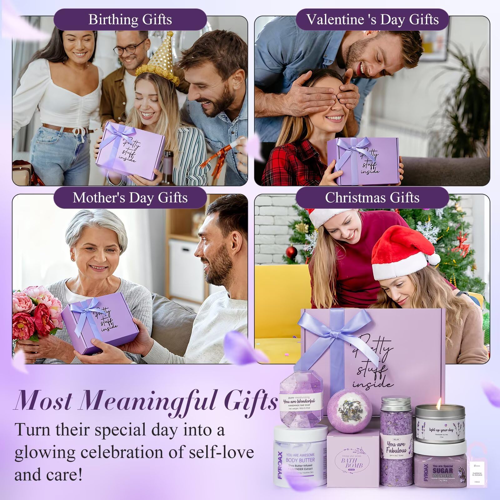 Fyroax Spa Gifts for Women – 7-Piece Lavender Bath Set, Self-Care Gift Kit