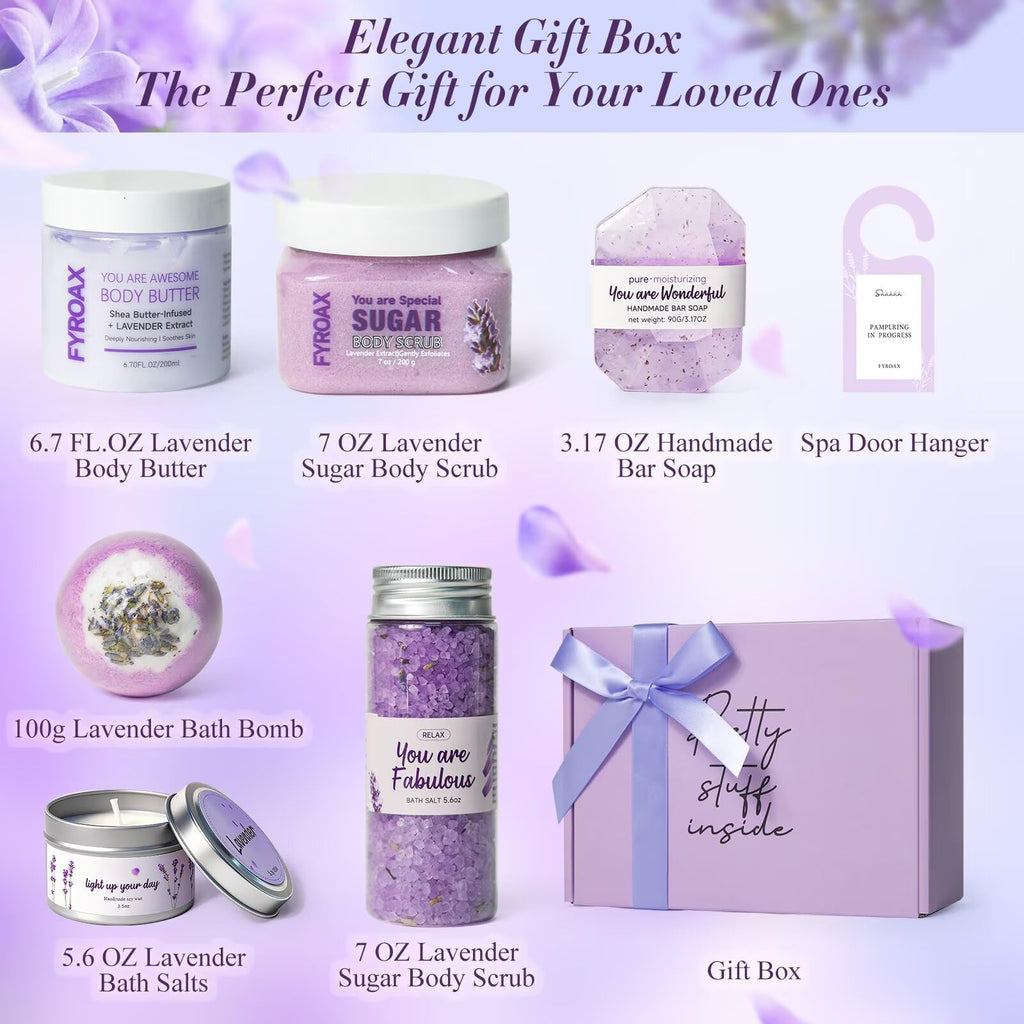Fyroax Spa Gifts for Women – 7-Piece Lavender Bath Set, Self-Care Gift Kit