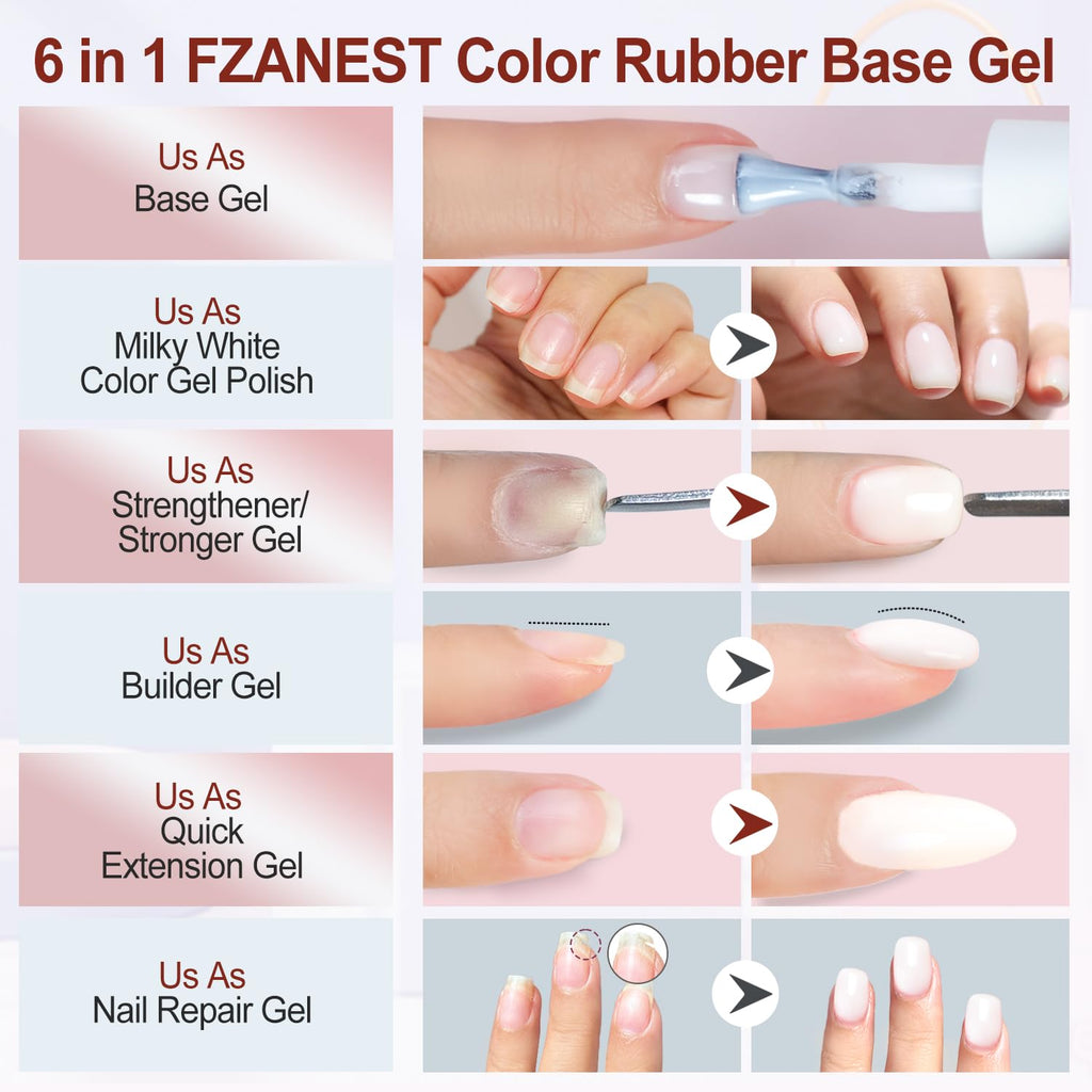 FZANEST Rubber Base Builder Gel Kit – 6x7.5ml, 7-in-1 Nail Strengthener & Nude Pink Colors
