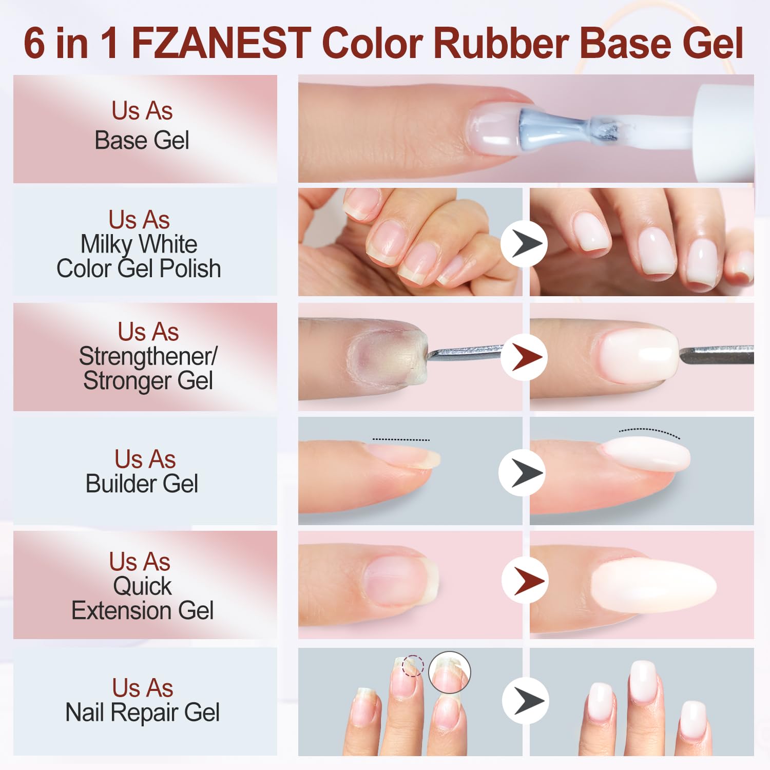 FZANEST Rubber Base Builder Gel Kit – 6x7.5ml, 7-in-1 Nail Strengthener & Nude Pink Colors