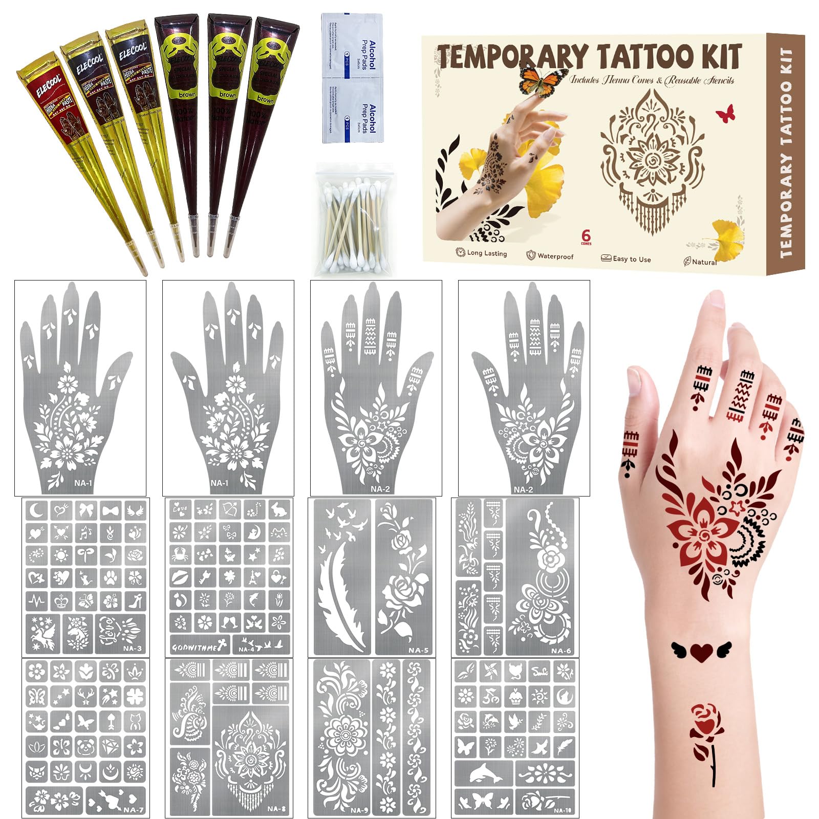 Gabizafia 136 PCS Temporary Tattoo Stencil Kit – 6-Color Ink Set for DIY Mehndi Body Art
