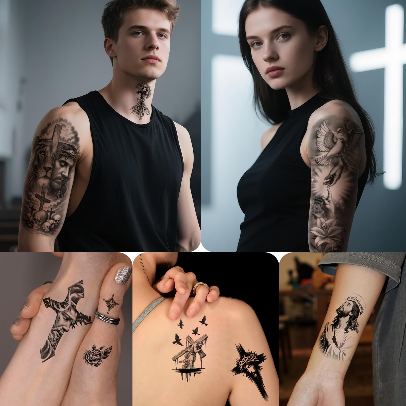 Gabizafia 48 PCS Large Christian Temporary Tattoos – Realistic Jesus Cross & Bible Symbols (Waterproof)