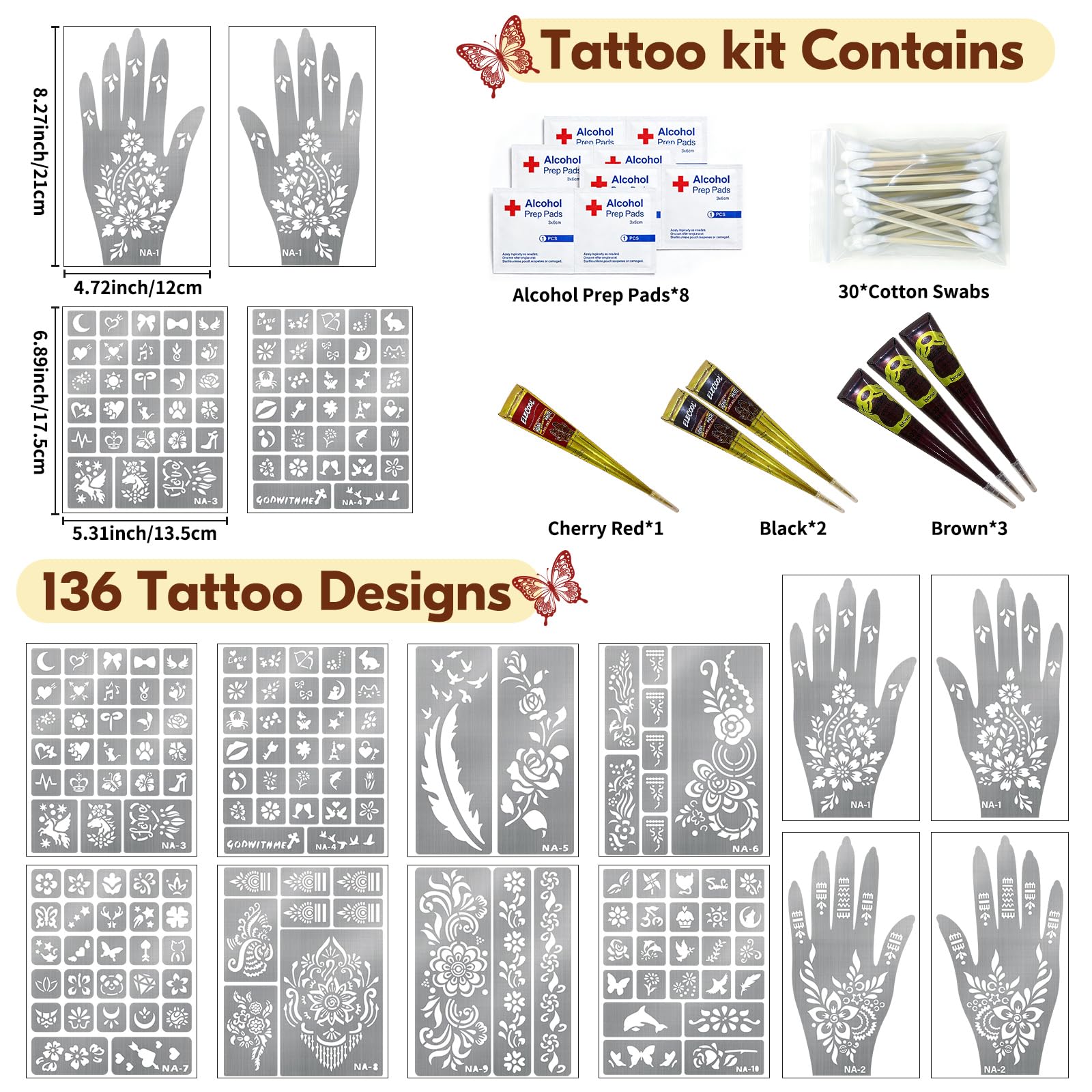 Gabizafia 136 PCS Temporary Tattoo Stencil Kit – 6-Color Ink Set for DIY Mehndi Body Art