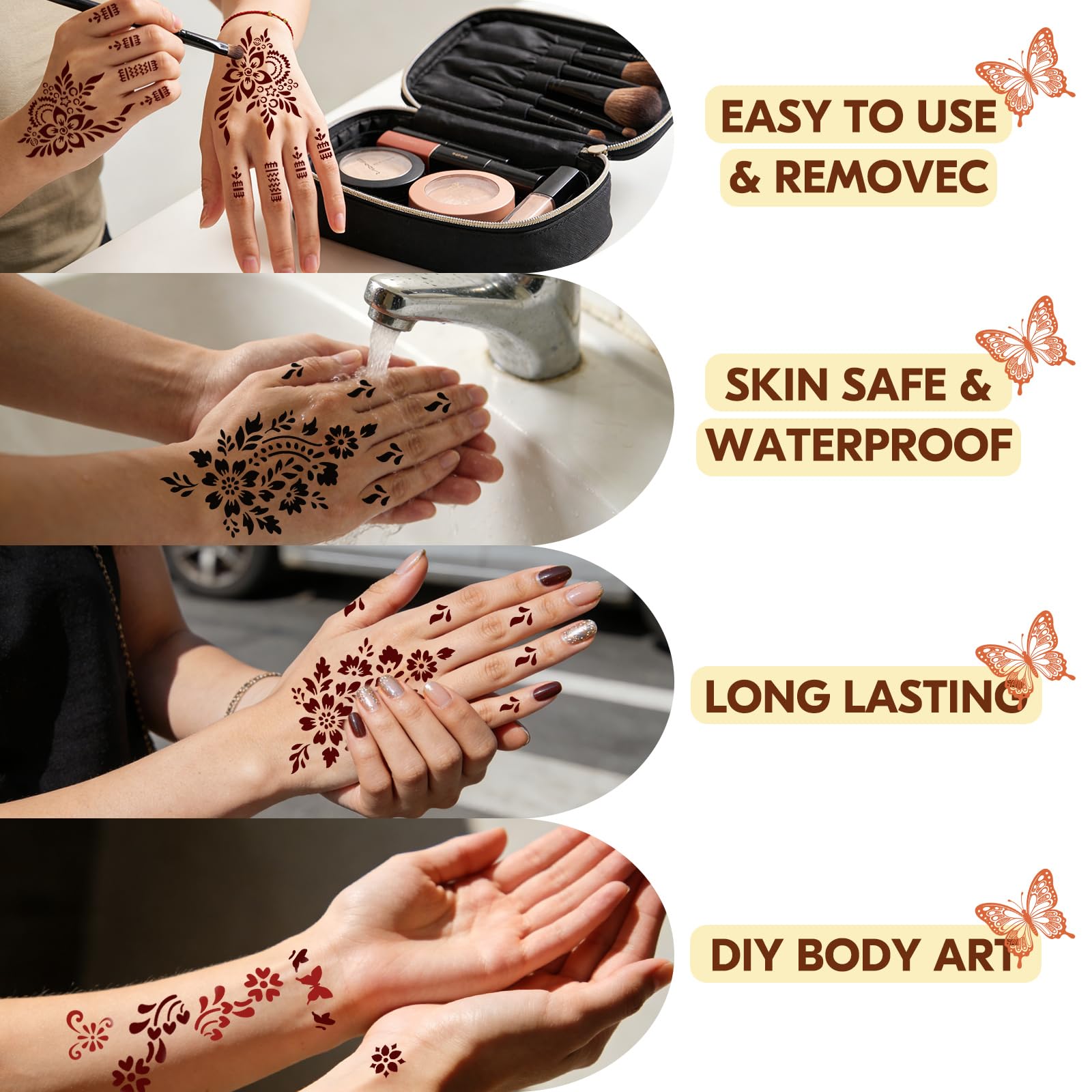 Gabizafia 136 PCS Temporary Tattoo Stencil Kit – 6-Color Ink Set for DIY Mehndi Body Art