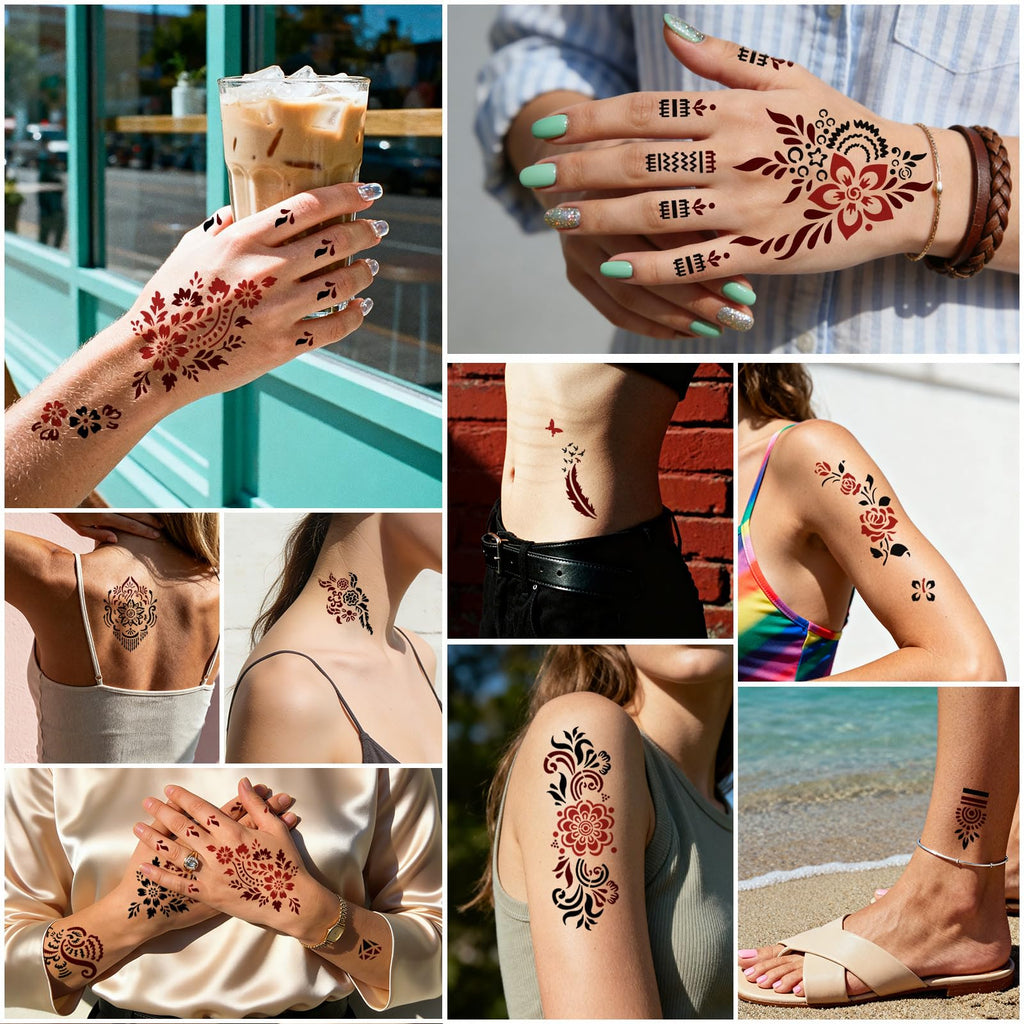 Gabizafia 136 PCS Temporary Tattoo Stencil Kit – 6-Color Ink Set for DIY Mehndi Body Art