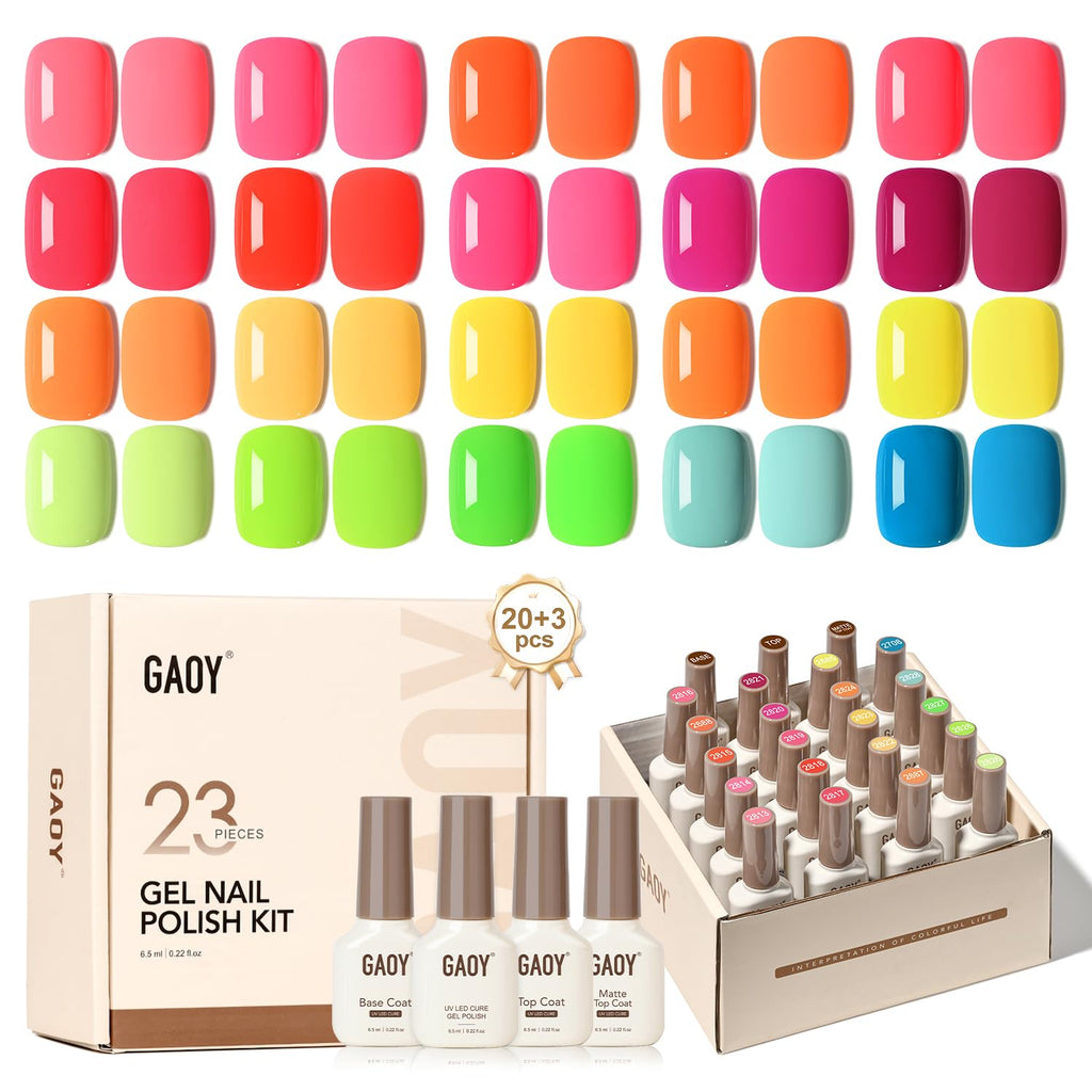 GAOY 23 Pcs Gel Nail Polish Kit — Neon Rainbow UV Colors + Glossy & Matte Top & Base Coats