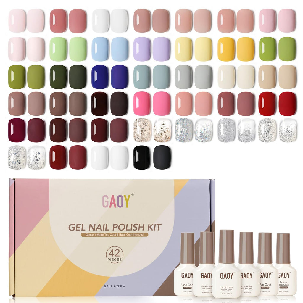 GAOY 42-Pcs Gel Nail Polish Kit — 39 Colors + Glossy & Matte Top Coat + Base Coat for Salon & DIY at Home