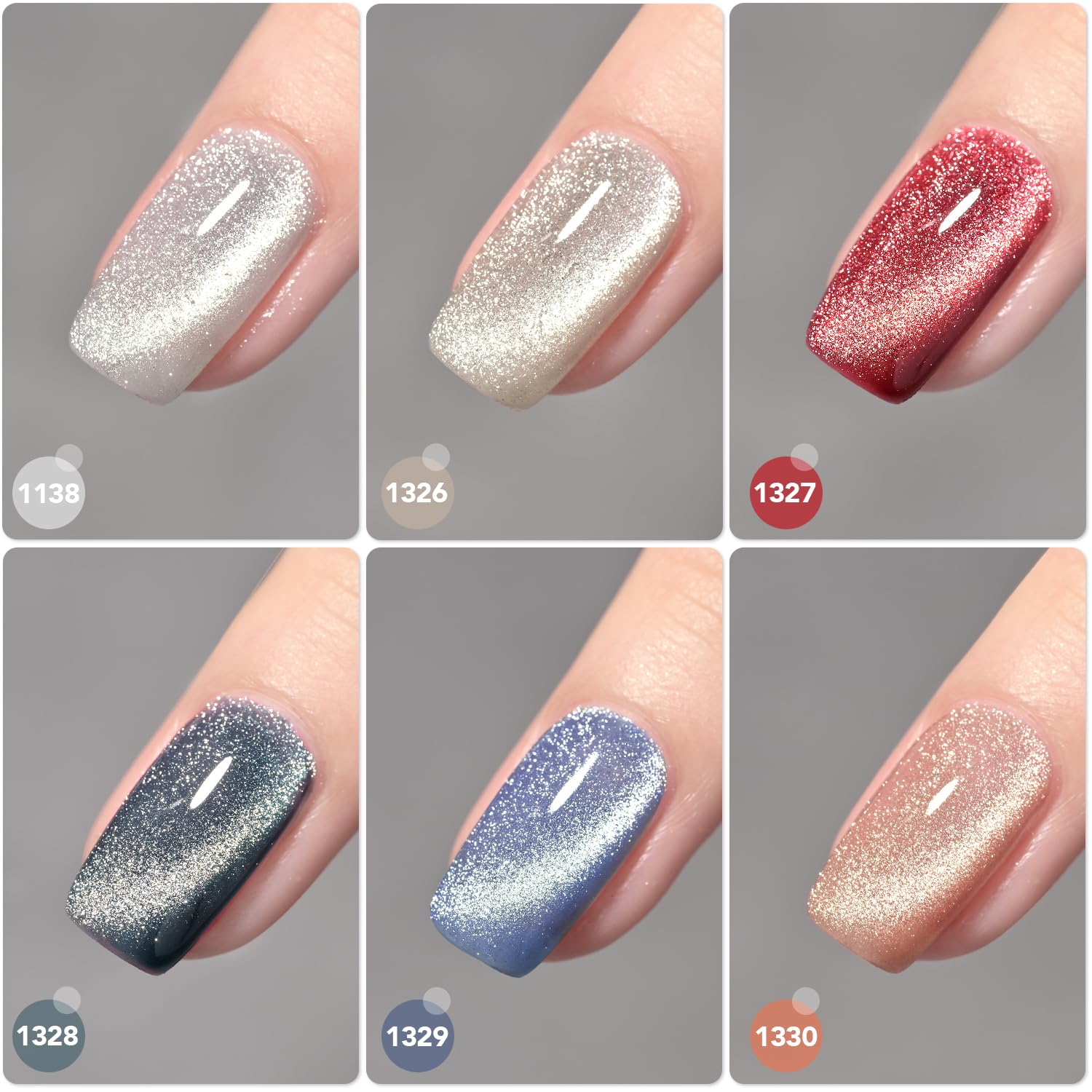 GAOY Holographic Glitter Cat Eye Gel Polish Set - 6 Colors + Free Magnet | Home Nail Art