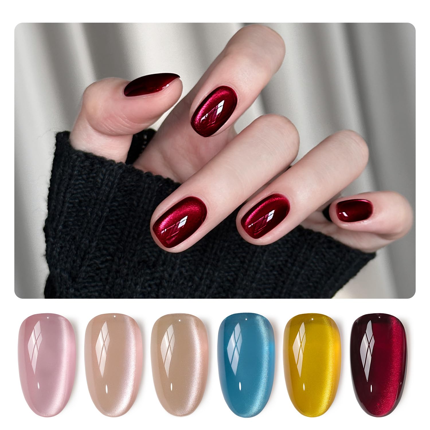 GAOY Dream World Glitter Cat Eye Gel Nail Polish Set with Magnet – Pink/Blue Holographic Cat Eye, 6 Color Gel Kit