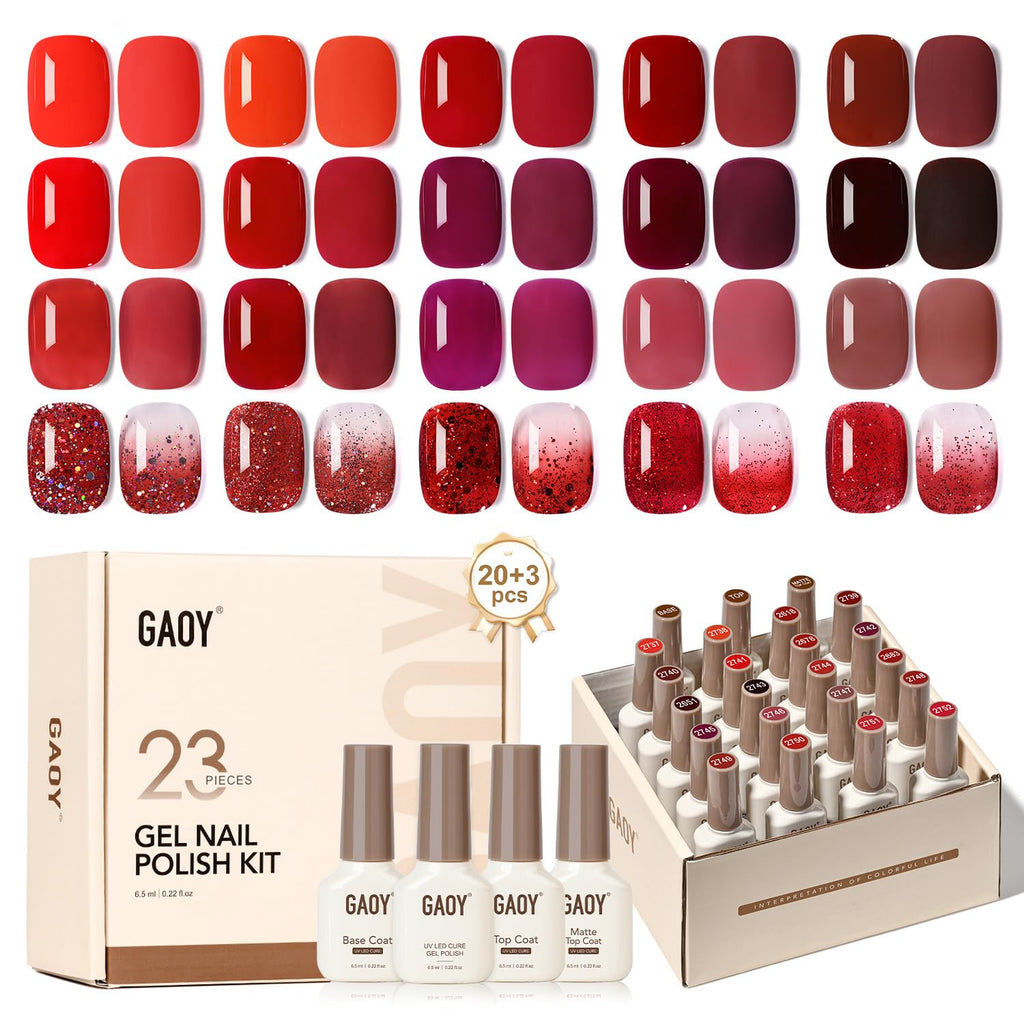 GAOY 23-Pcs Gel Nail Polish Kit – Red Glitter Colors with Glossy & Matte Top Coats