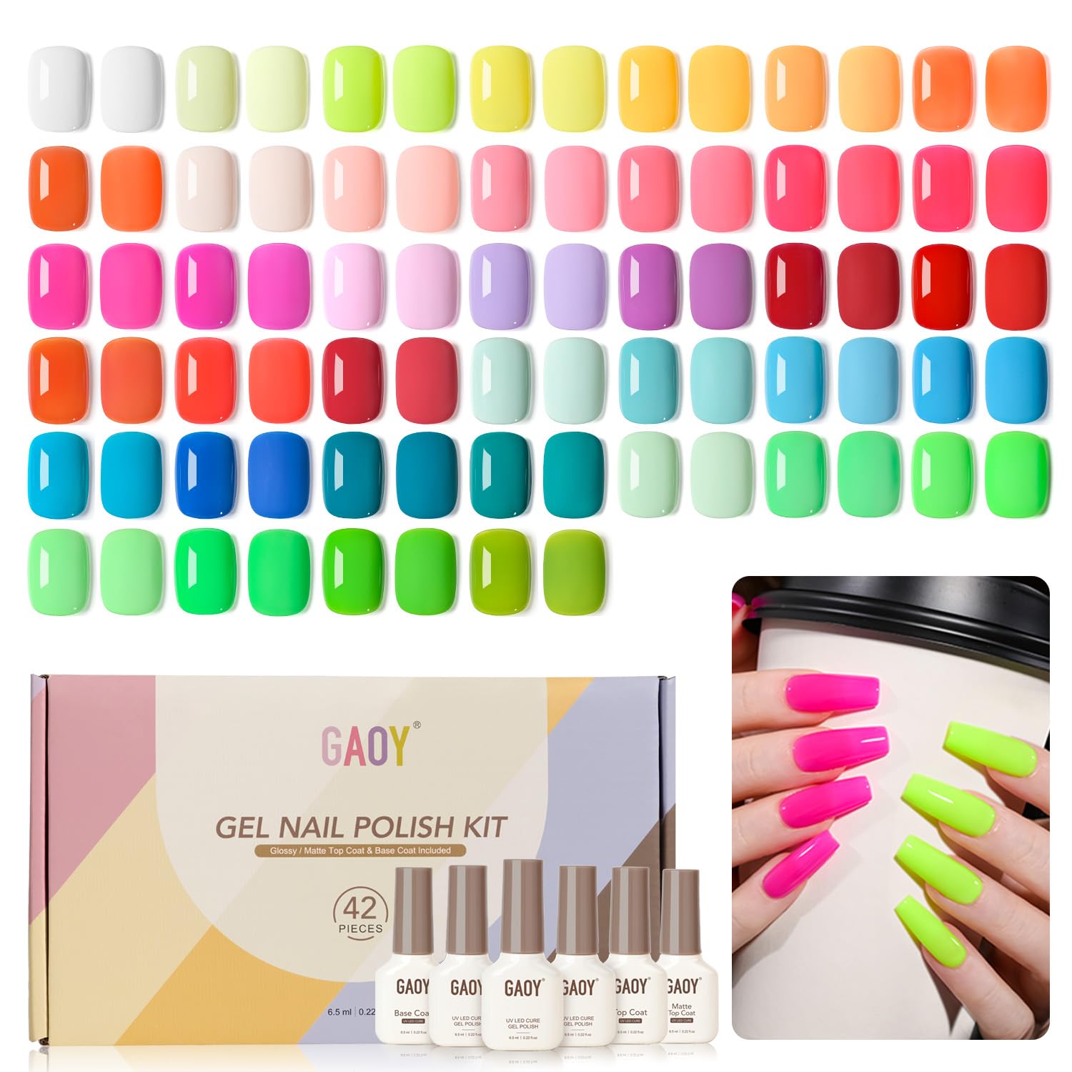 GAOY 42 Pcs Gel Nail Polish Kit with Neon Colors & Top Coats – DIY Manicure at Home