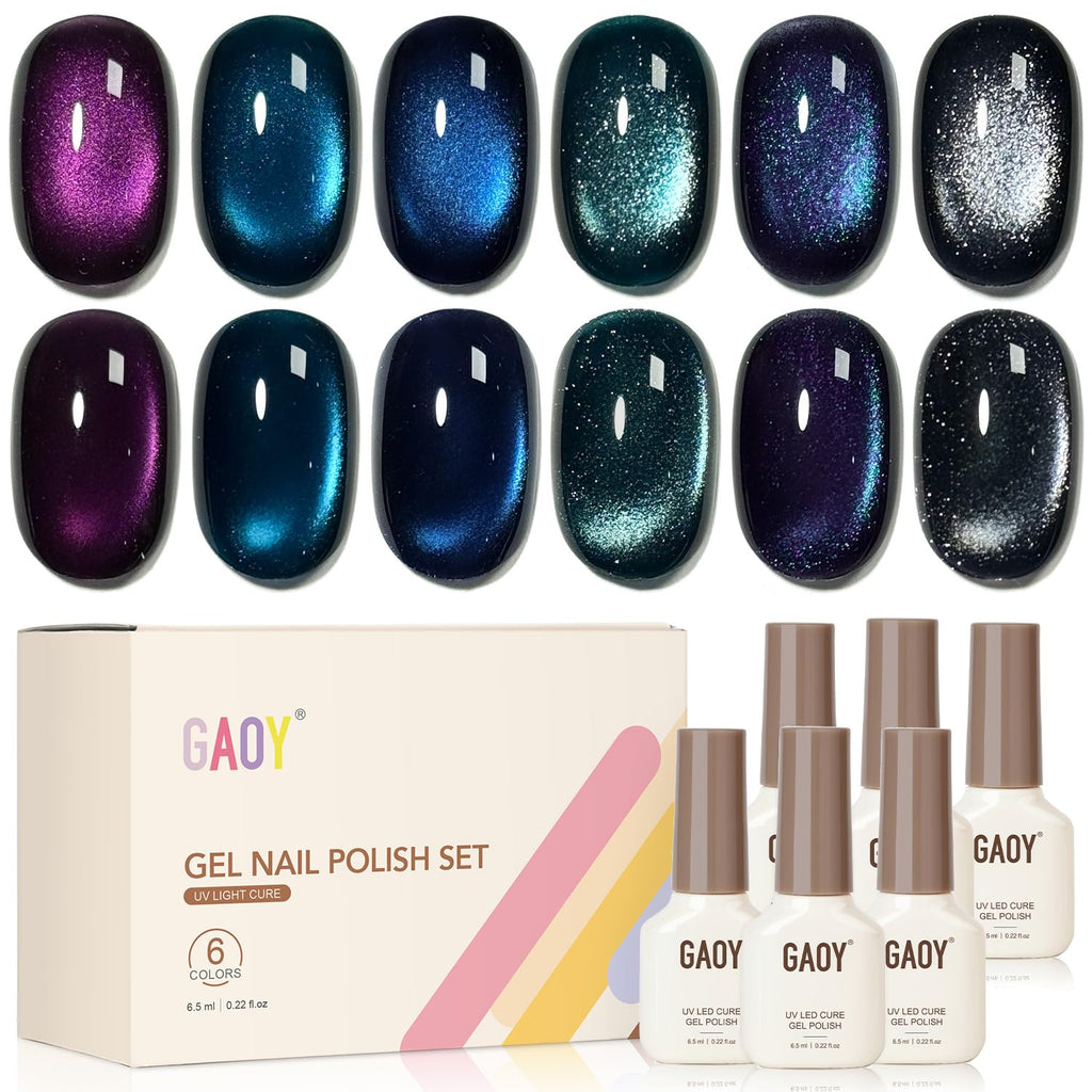 GAOY Glitter Cat Eye Gel Nail Polish Set with Magnet – 6 Colors, Long-Lasting Shine