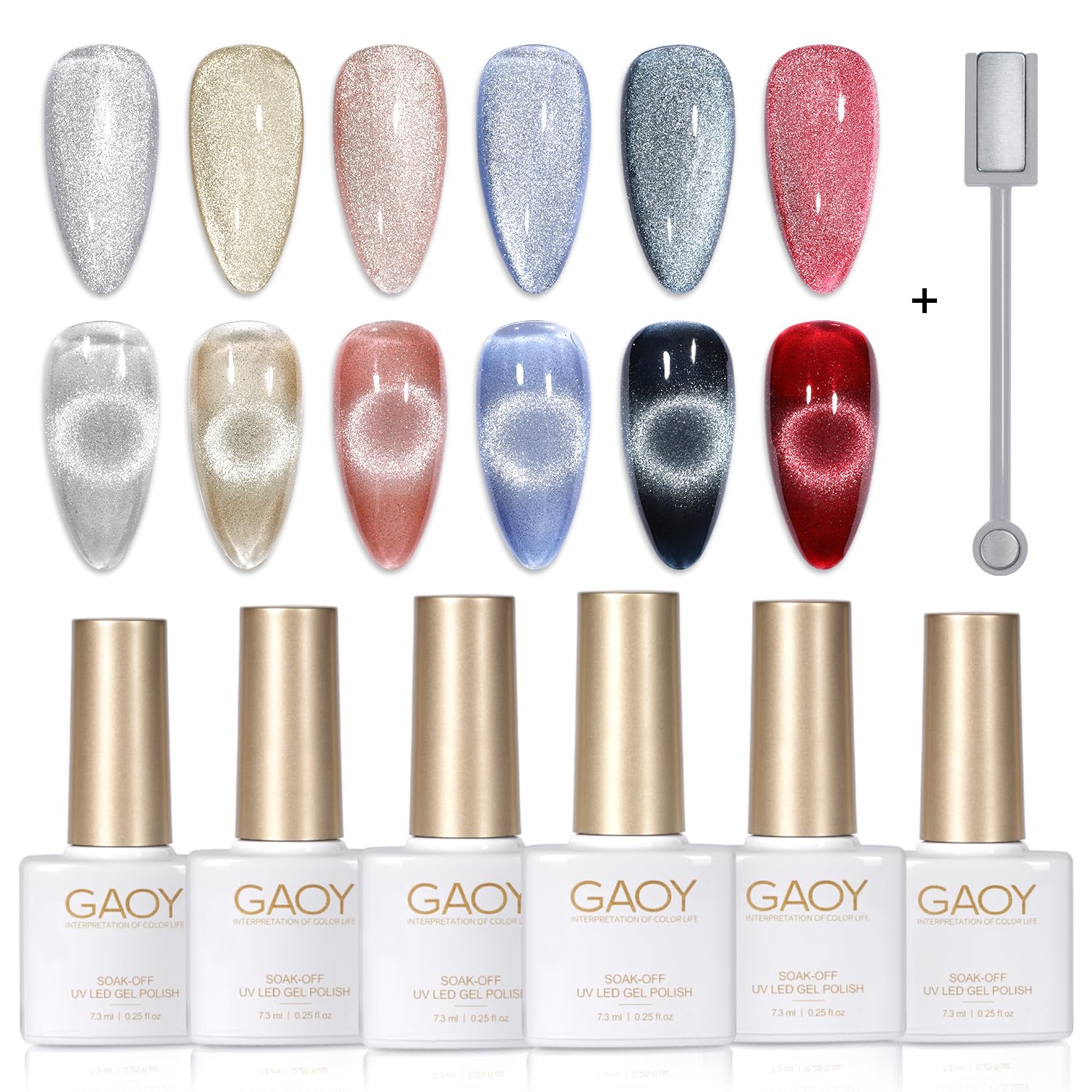 GAOY Holographic Glitter Cat Eye Gel Polish Set - 6 Colors + Free Magnet | Home Nail Art