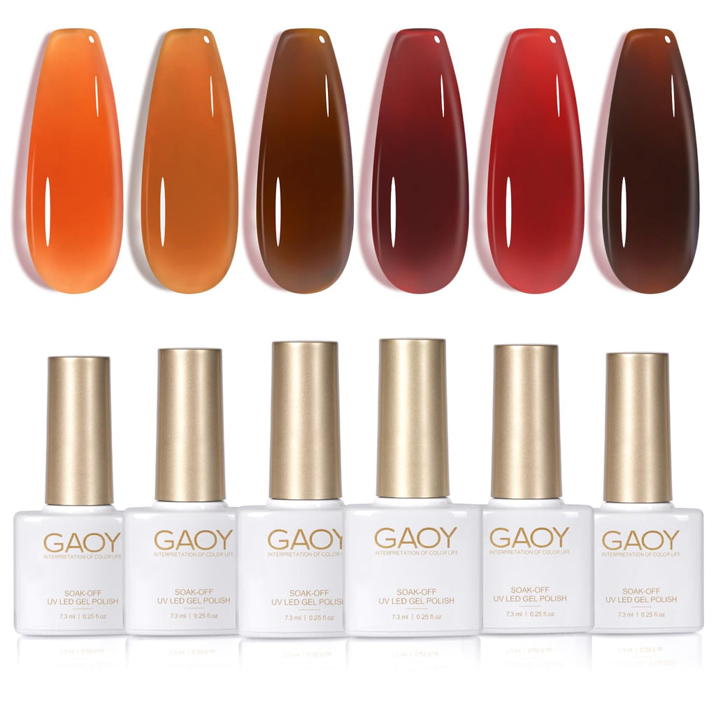 GAOY Jelly Tortoise Brown Gel Nail Polish Set – 6 Transparent Colors, UV Light Cure, Soak-Off, DIY at Home