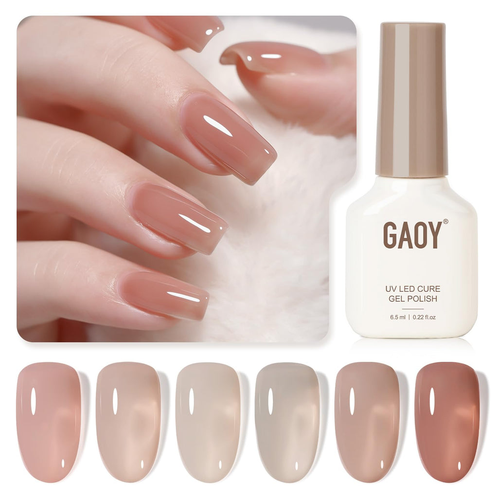 GAOY Jelly UV Gel Nail Polish Kit – 6 Sheer Nude Pink Gray Colors for At-Home Manicures