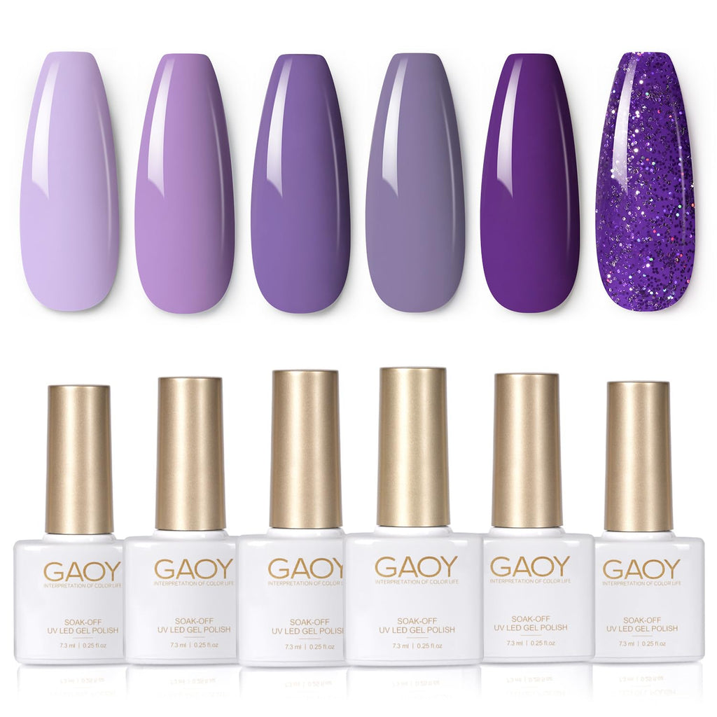 GAOY Purple Gel Nail Polish Set – 6 Glitter Colors, UV Light Cure, DIY Nail Art at Home