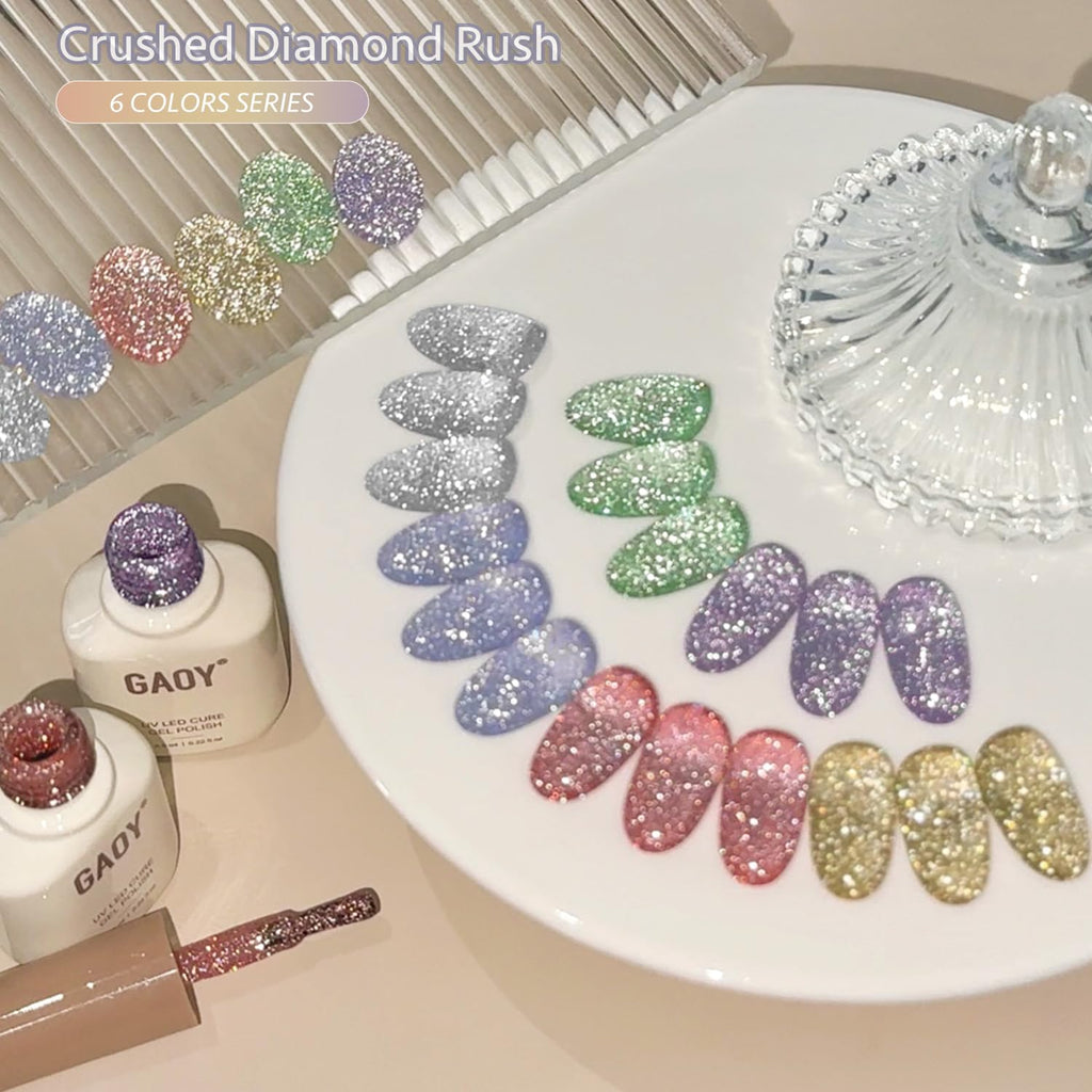 GAOY Reflective Glitter Gel Nail Polish Set – 6 Colors Pink Silver Purple Holographic Sparkle, Soak-Off UV Cure, Energetic Glow