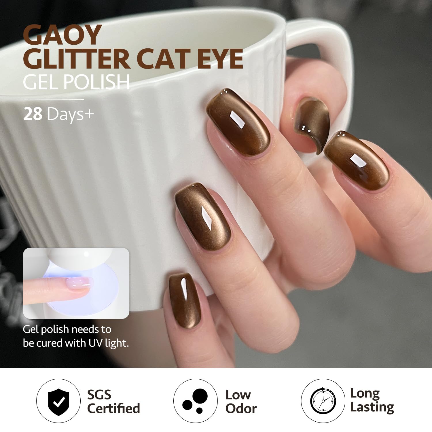 GAOY Jelly Brown Cat Eye Gel Nail Polish Set with Magnet – Glitter Holographic Cat Eye, UV Gel Manicure at Home