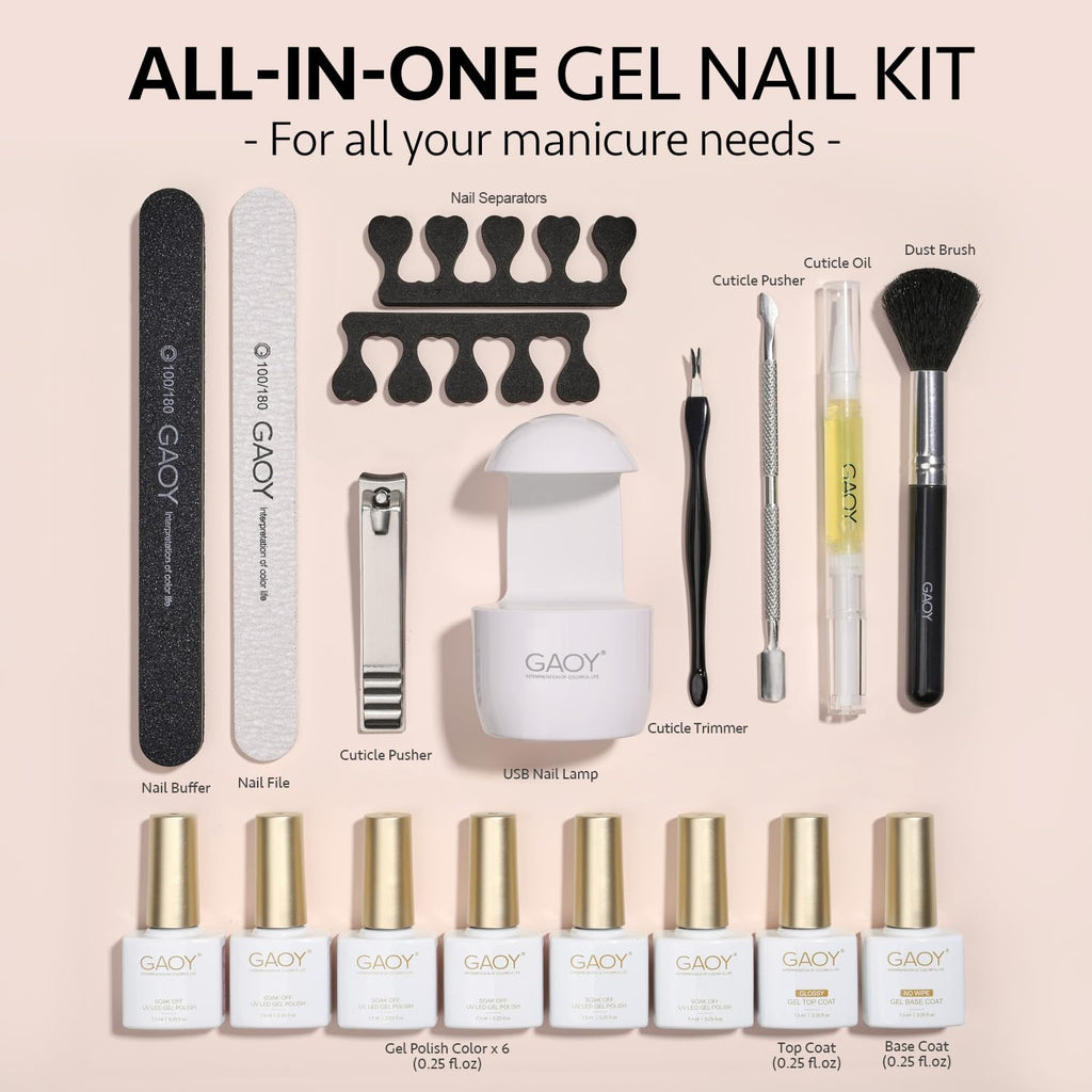 GAOY Gel Nail Polish Kit with UV Light — 6 Colors, Base & Top Coat, At-Home Manicure