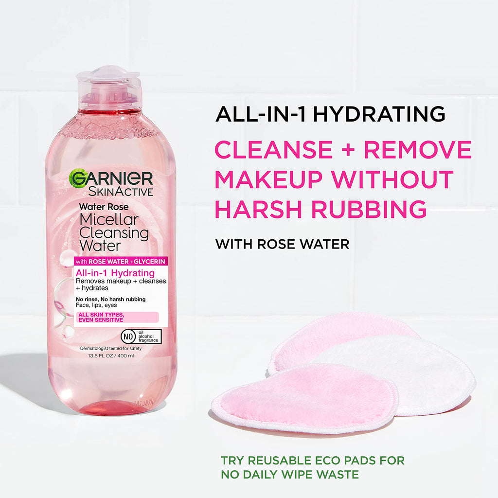 Garnier Micellar Water with Rose Water & Glycerin – Hydrating Cleanser & Makeup Remover (13.5 oz, 2 ct)
