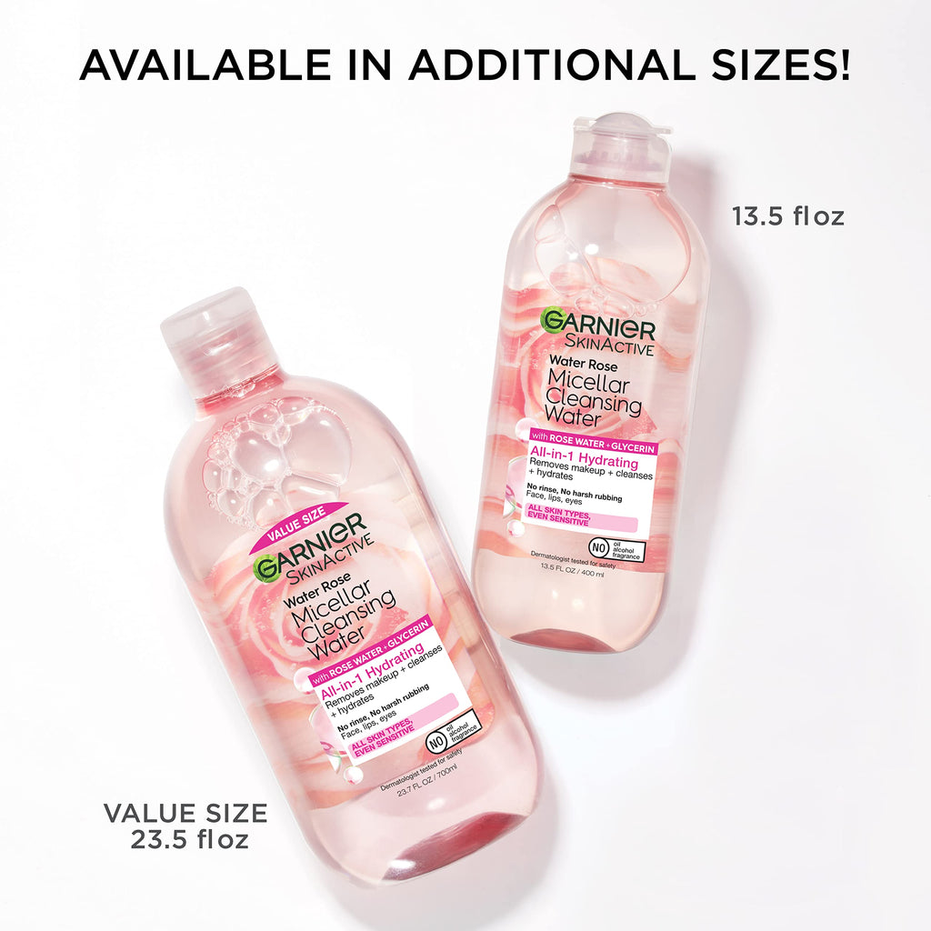 Garnier Micellar Water with Rose Water & Glycerin – Hydrating Cleanser & Makeup Remover (13.5 oz, 2 ct)