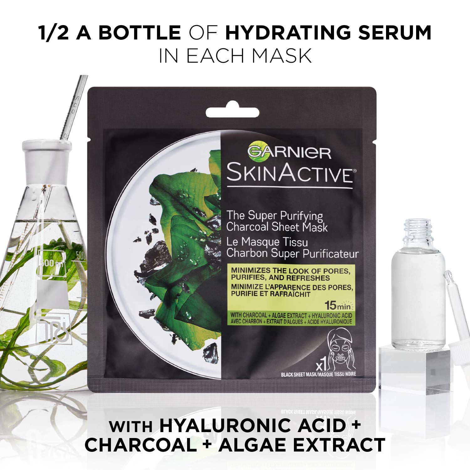 Garnier SkinActive Charcoal Sheet Mask – 6 Count | Pore-Minimizing Purifying Facial Mask