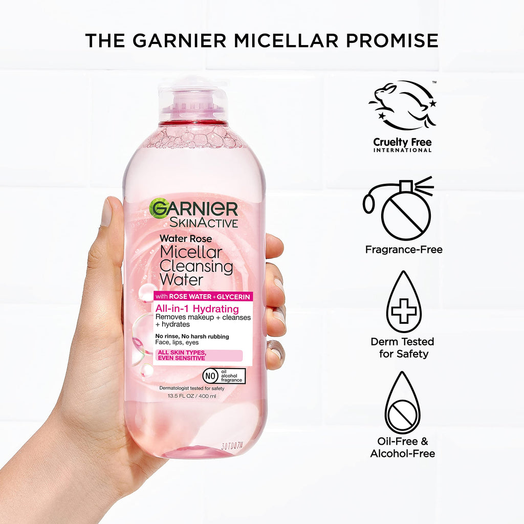 Garnier Micellar Water with Rose Water & Glycerin – Hydrating Cleanser & Makeup Remover (13.5 oz, 2 ct)
