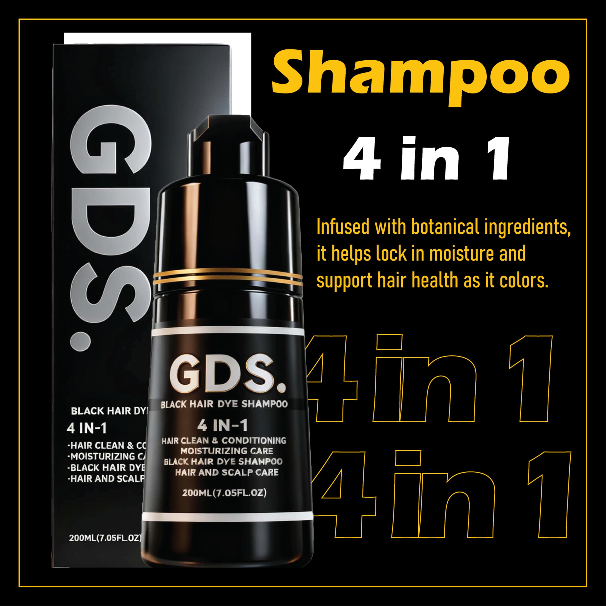 GDS Hair Dye Shampoo 4-in-1: Instant Black Color & Gray Coverage