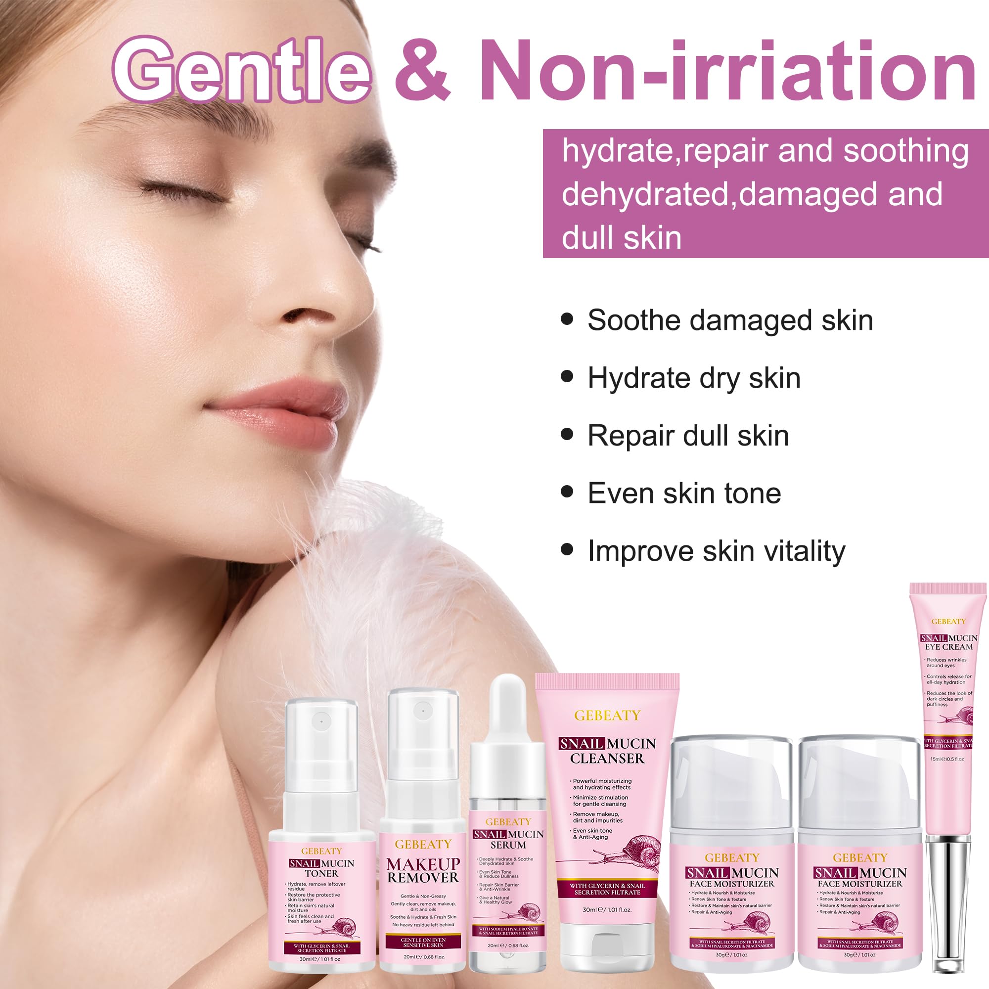 GEBEATY 7-Pc Snail Mucin Skincare Gift Set - Hydrating & Soothing