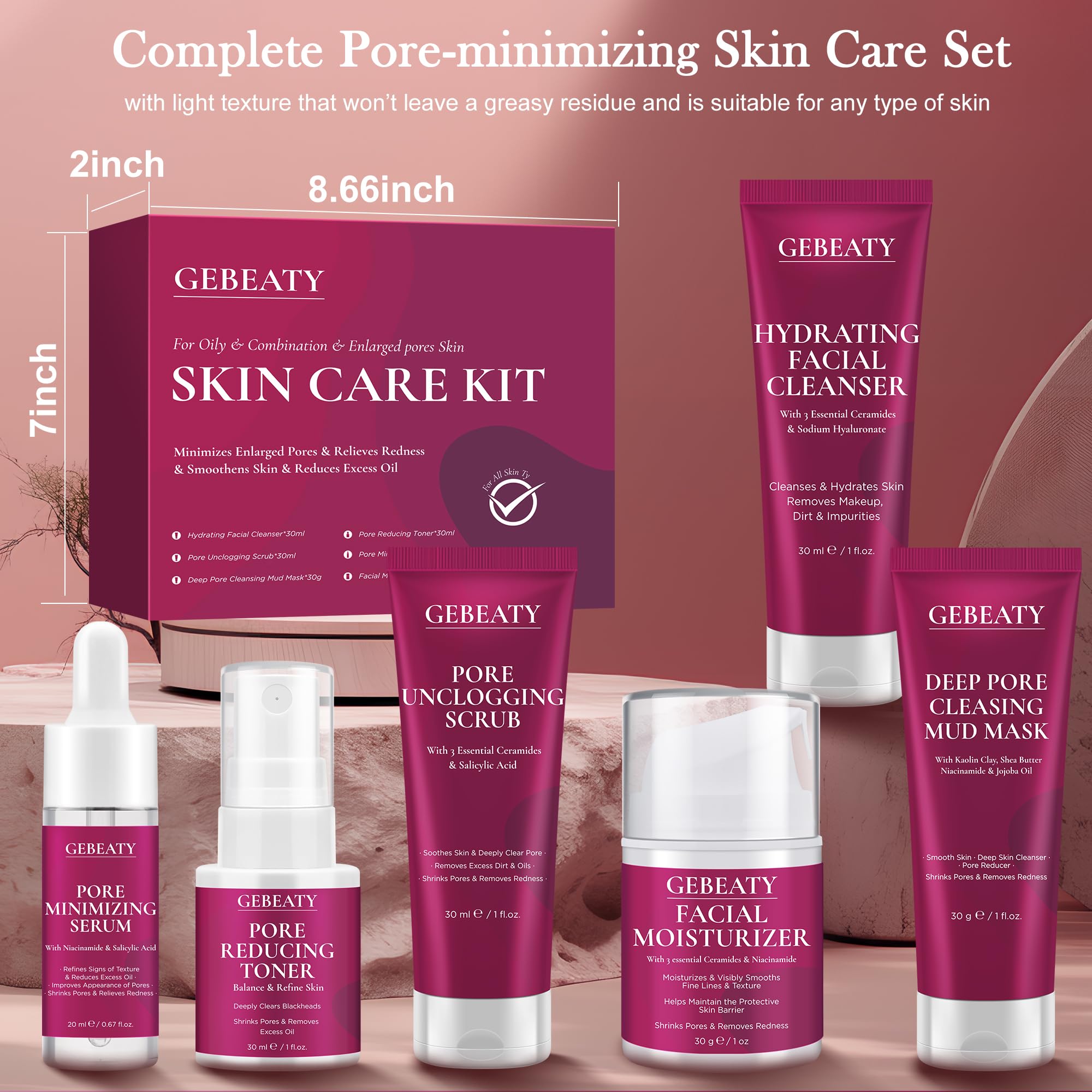 GEBEATY 6-Piece Skin Care Set for Teens & Women | Pore-Minimizing Glow