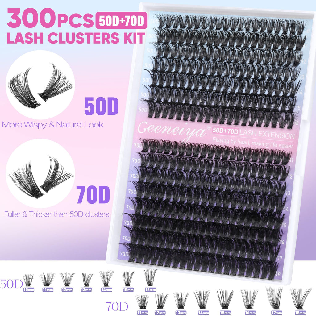 Geeneiya Wispy Lash Clusters Kit 50D+70D | DIY Lash Extensions 10–18mm for Beginners