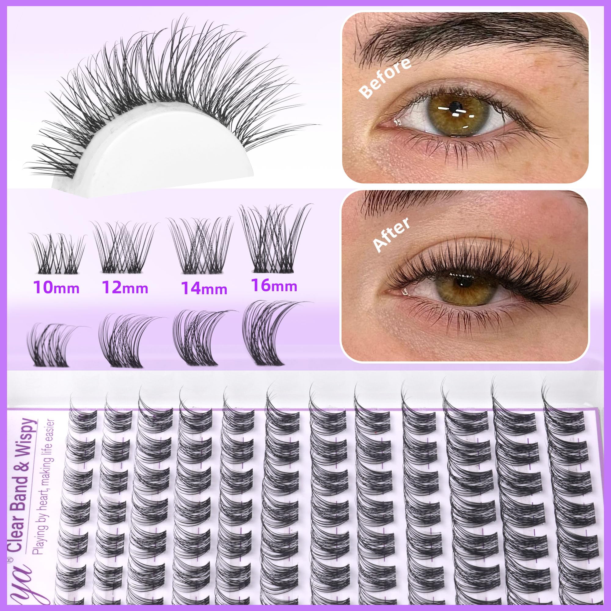 Geeneiya Clear Band Lash Clusters Kit – Wispy 10–16mm CC Curl, DIY Lash Extensions