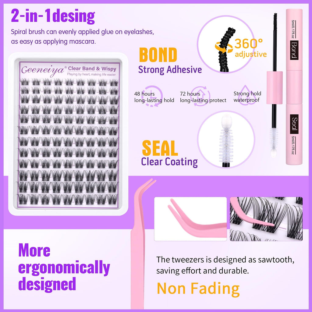 Geeneiya Clear Band Lash Clusters Kit – Wispy 10–16mm CC Curl, DIY Lash Extensions