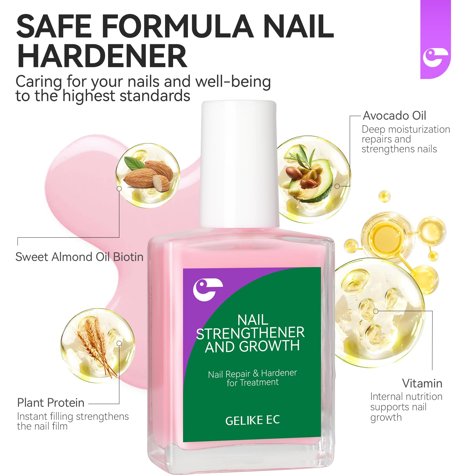 gelike ec Milky Pink Nail Strengthener & Growth Polish – 6-in-1 Ridge Filler (15ml) for Damaged Nails