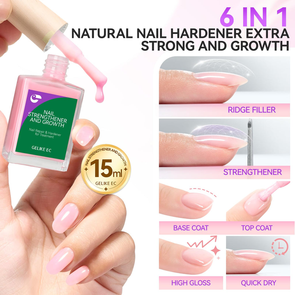 gelike ec Milky Pink Nail Strengthener & Growth Polish – 6-in-1 Ridge Filler (15ml) for Damaged Nails