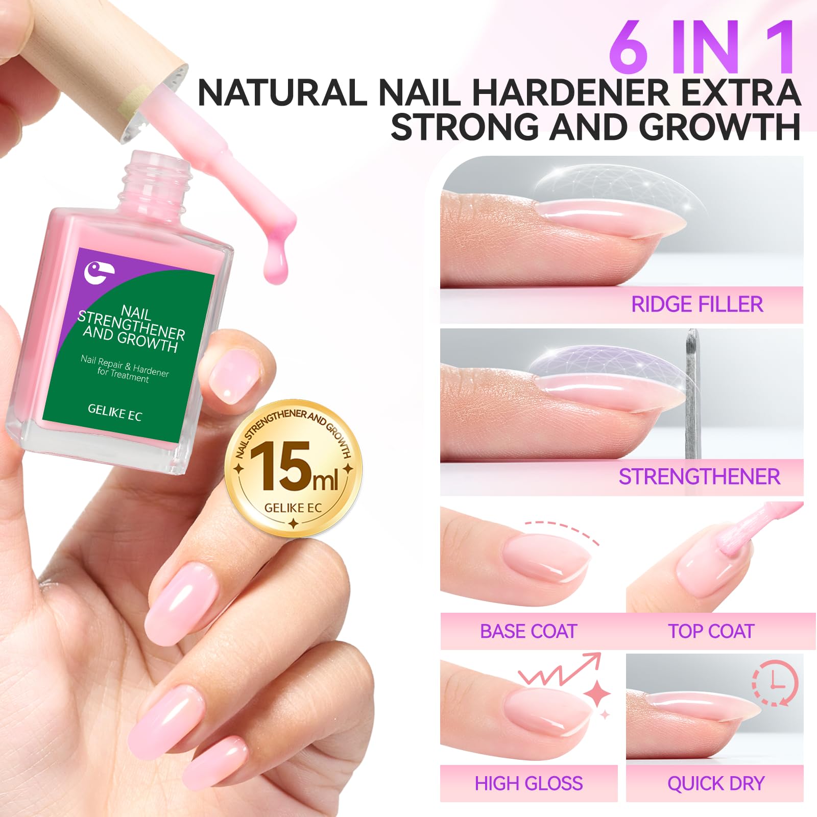 gelike ec Milky Pink Nail Strengthener & Growth Polish – 6-in-1 Ridge Filler (15ml) for Damaged Nails
