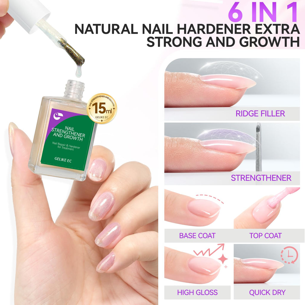 Gelike EC Nail Strengthener & Damaged Nail Repair – Glitter Pink 15ml, 6-in-1 Non-Toxic Protein Nail Hardener for Home DIY Manicure
